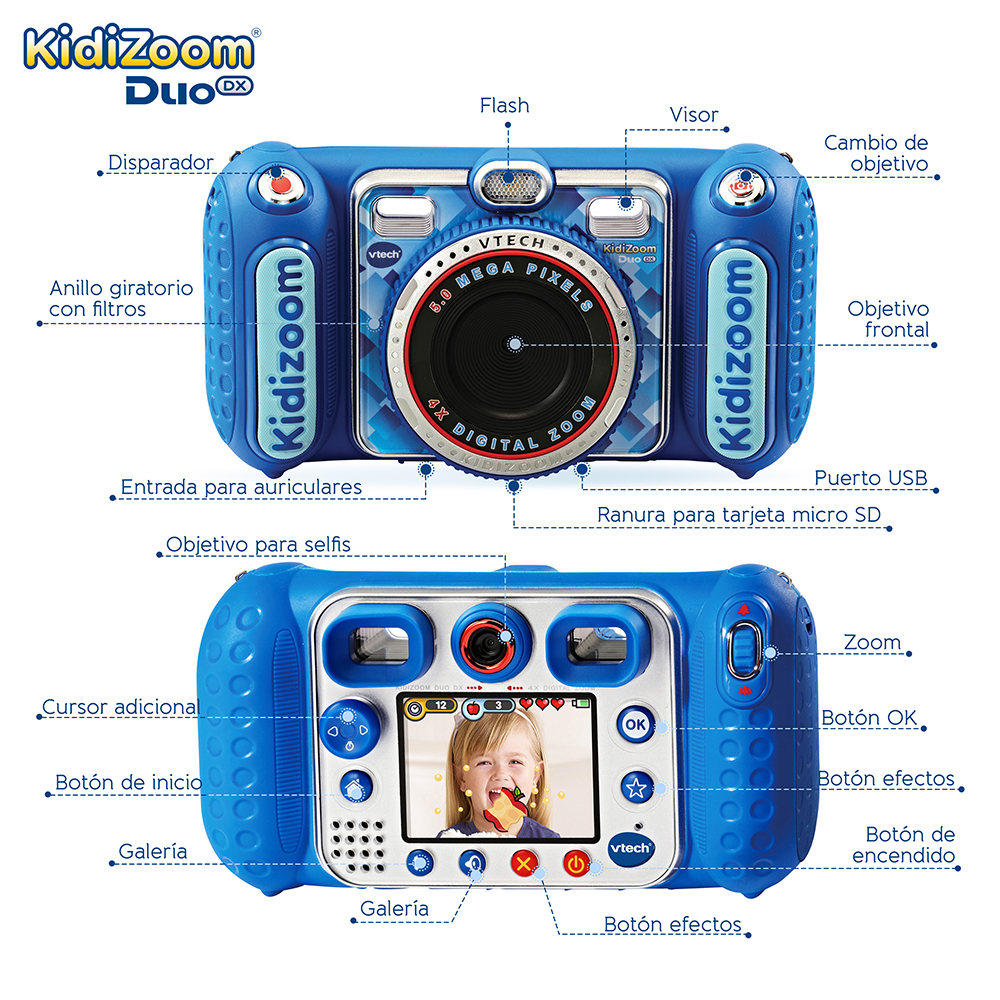 Kidizoom Duo DX color azul Cámara de fotos y vídeos para niños 10 en 1 VTech
